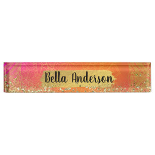 Fuchsia Rosa Orange und Gold Indischer Mandala Gla Namensplakette