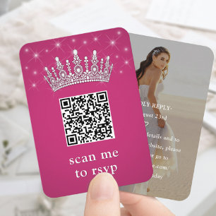 Fuchsia Rosa QR RSVP Quinceañera-Krone & Foto Begleitkarte