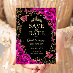 Fuchsia Rosa Schwarz Gold Quinceanera Floral Save The Date