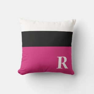 Fuchsia Rosa Schwarz und Weiß Farbblock Monogramm Kissen