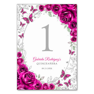 Fuchsia Rosa Silber Floral Quinceanera Tischnummer