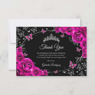Fuchsia Rosa Silber Quinceanera Dankeskarte