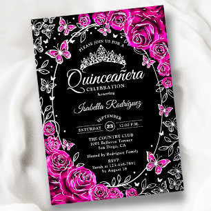 Fuchsia Rosa Silber Schwarze Rosen Quinceanera Folieneinladung