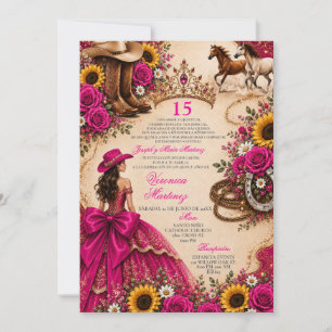 Fuchsia Rosa Sonnenblume Rose Vaquera Quinceañera Einladung