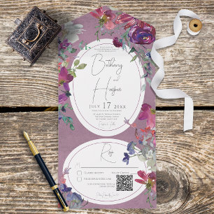 Fuchsia Rosa & Violette Boho Florale QR-Code All In One Einladung