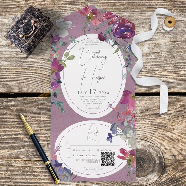Fuchsia Rosa & Violette Boho Florale QR-Code All In One Einladung (Von Creator hochgeladen)