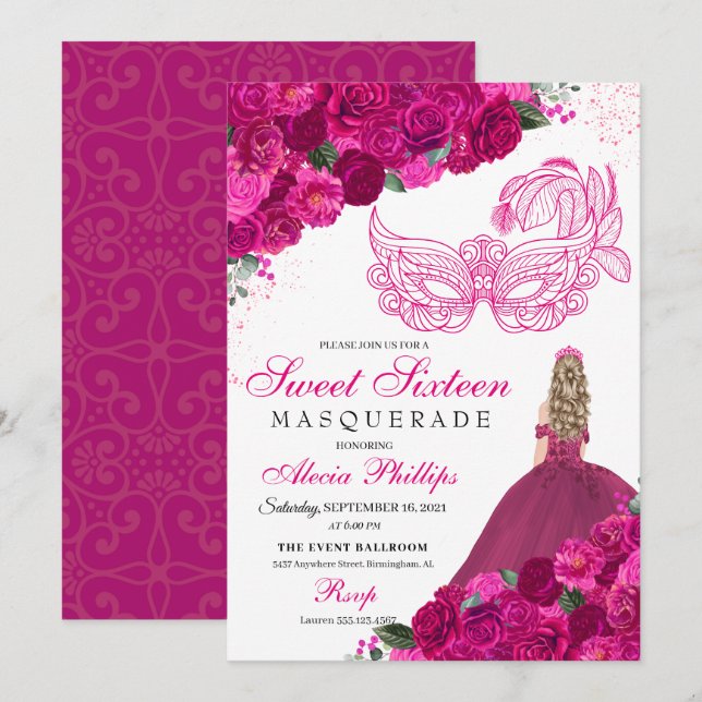 Fuchsia rose Floral Masquerade Sweet 16 Invitation (Devant / Derrière)