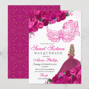 Fuchsia rose Floral Masquerade Sweet 16 Invitation