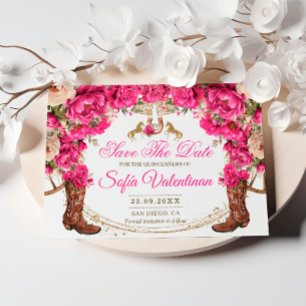 Fuchsia-Rosen und Cowboy-Stiefel Country Quinceañe Save The Date