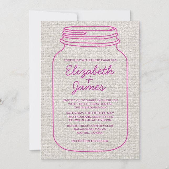 Fuchsia Rustic Burlap Mason Jar Hochzeit Einladung (Vorderseite)