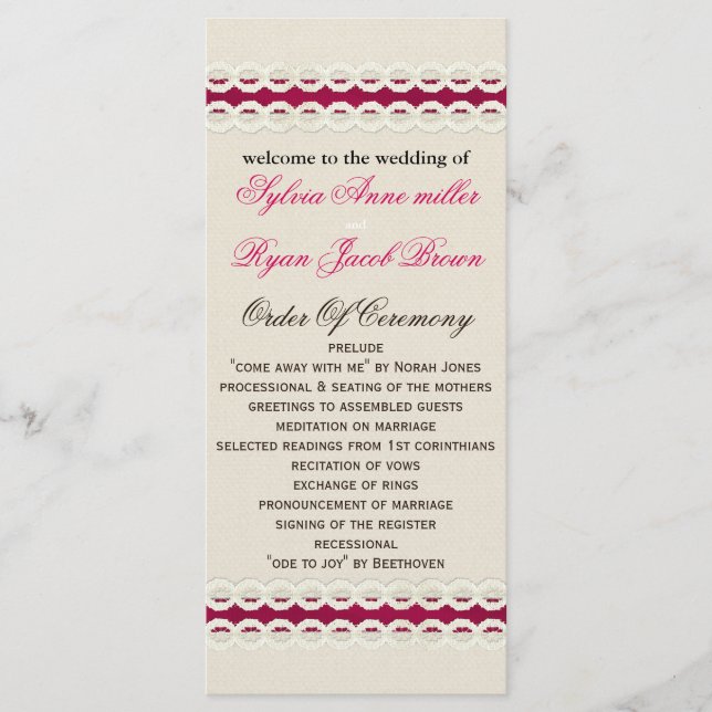 Fuchsia Rustikale Hochzeit Programm (Vorderseite)