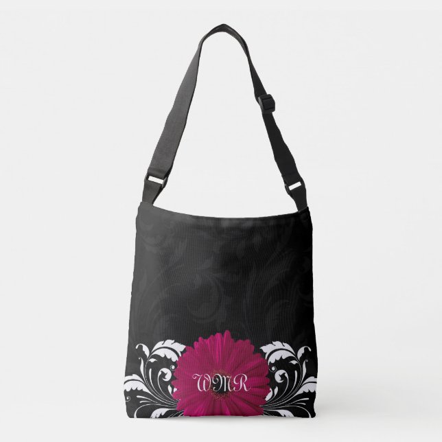 Fuchsia, Schwarz/Weiße Gerbera Daisy Tragetaschen Mit Langen Trägern (Vorderseite)