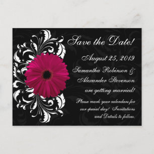 Fuchsia Scroll Gerbera Daisy Black Save the Date Ankündigungspostkarte