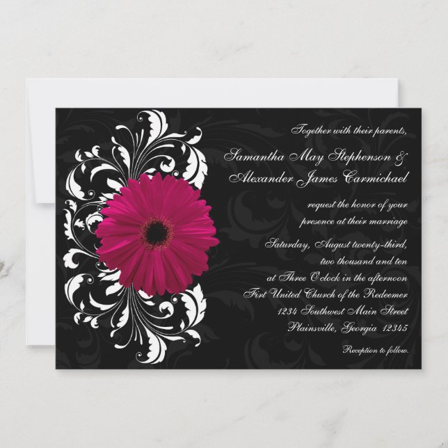 Fuchsia Scroll Gerbera Daisy w/Black and White Einladung (Vorderseite)