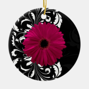 Fuchsia Scroll Gerbera Daisy w/Black and White Keramikornament