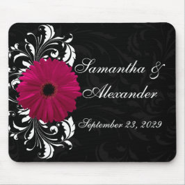 Fuchsia Scroll Gerbera Daisy w/Black and White Mousepad