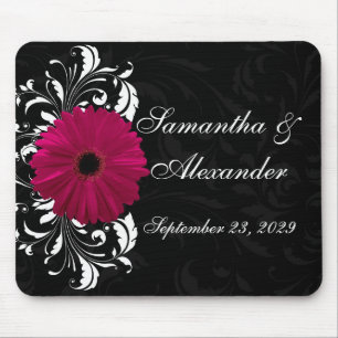 Fuchsia Scroll Gerbera Daisy w/Black and White Mousepad