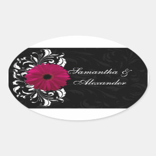 Fuchsia Scroll Gerbera Daisy w/Black and White Ovaler Aufkleber