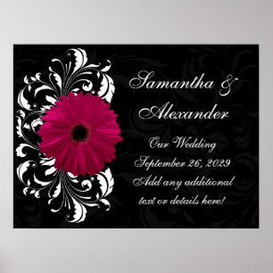 Fuchsia Scroll Gerbera Daisy w/Black and White Poster