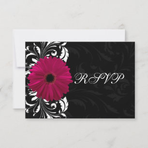 Fuchsia Scroll Gerbera Daisy w/Black and White RSVP Karte