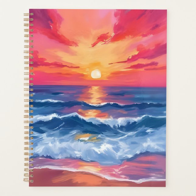 Fuchsia Shore Sunset | Ocean Waves Watercolor Planer (Vorderseite)