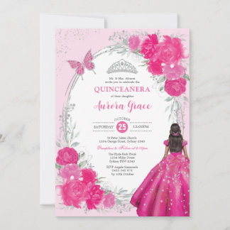 Fuchsia Silber Quinceañera-Blume 15. Geburtstag Einladung
