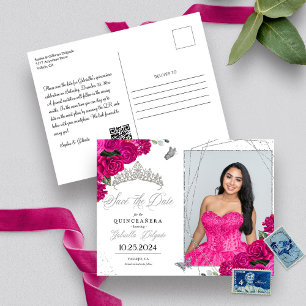 Fuchsia & Silber-Tiara-Quinceañera-Fotogrusskarte Postkarte