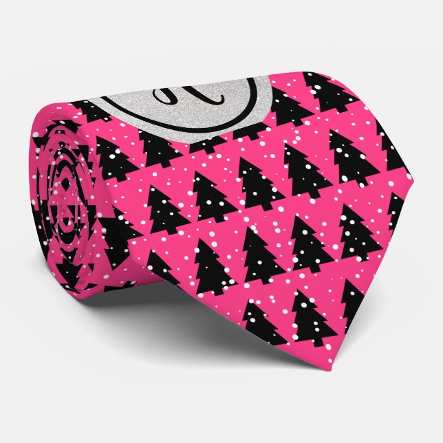 Fuchsia Silver Black Monogram Christmas Tree Krawatte (Gerollt)