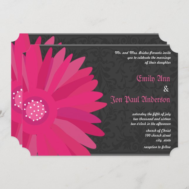 Fuchsia Silver Metallic Gerber Daisy Wedding Einladung (Vorne/Hinten)
