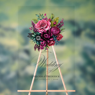 Fuchsia, Smaragdgrün und schwarze florale Hochzeit Acrylschild