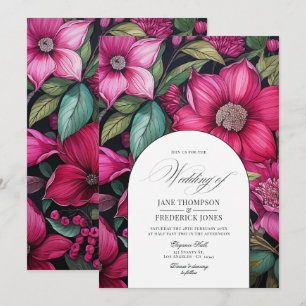 Fuchsia, Smaragdgrün und Schwarze Florale Hochzeit Einladung