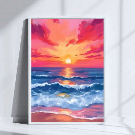 Fuchsia Strand Sonnenuntergang | Ozeanwellen Aquar Poster