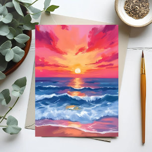 Fuchsia Strand Sonnenuntergang   Ozeanwellen Aquar Postkarte