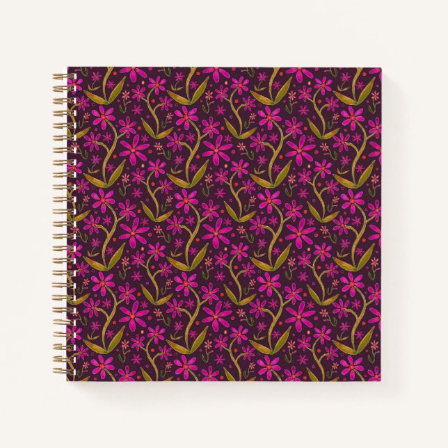 Fuchsia | Tanzende Aquarell-Gänseblümchen Notizbuch (Vorderseite)