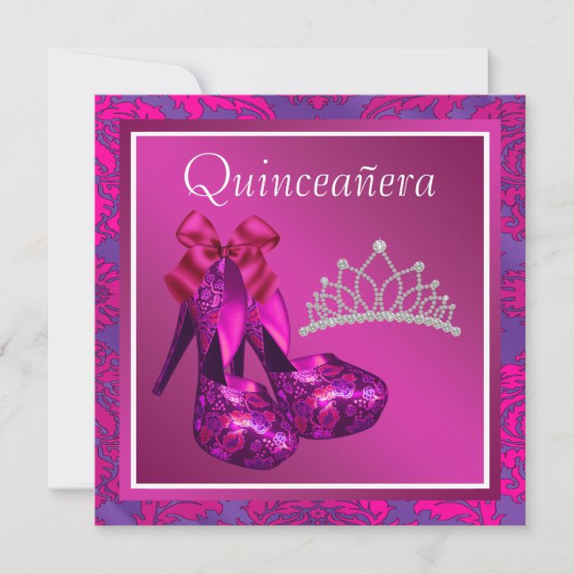 Fuchsia Tiara High Heel Schuhe Hot Pink Quinceaner Einladung (Vorderseite)