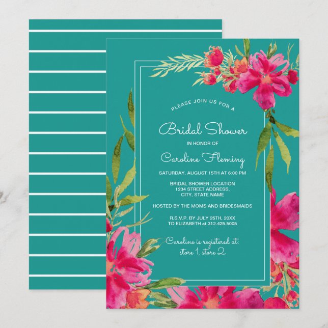 Fuchsia Turquoise Floral Watercolor Brautparty Einladung (Vorne/Hinten)