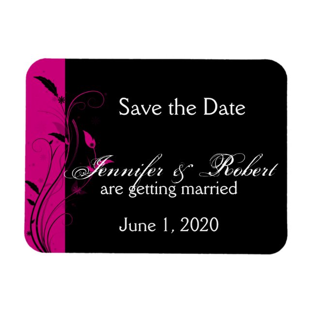 Fuchsia und Black Floral Wedding retten das Datum Magnet (Horizontal)