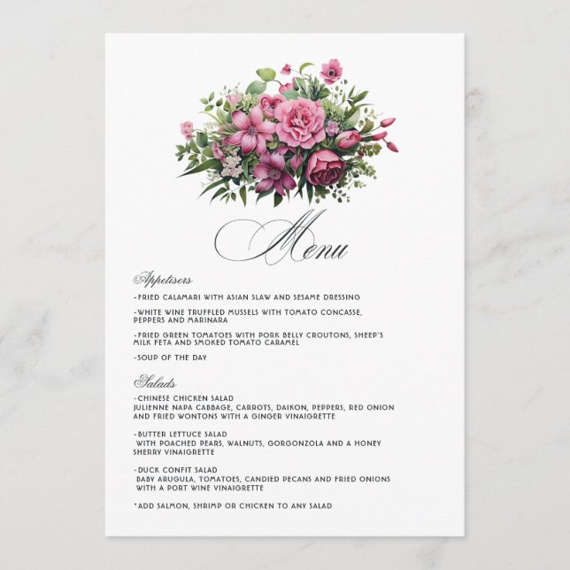 Fuchsia und Emerald Green Floral Wedding Menükarte (Vorderseite)