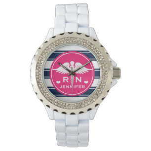 Fuchsia und Navy Stripe Caduceus RN Nurse Armbanduhr