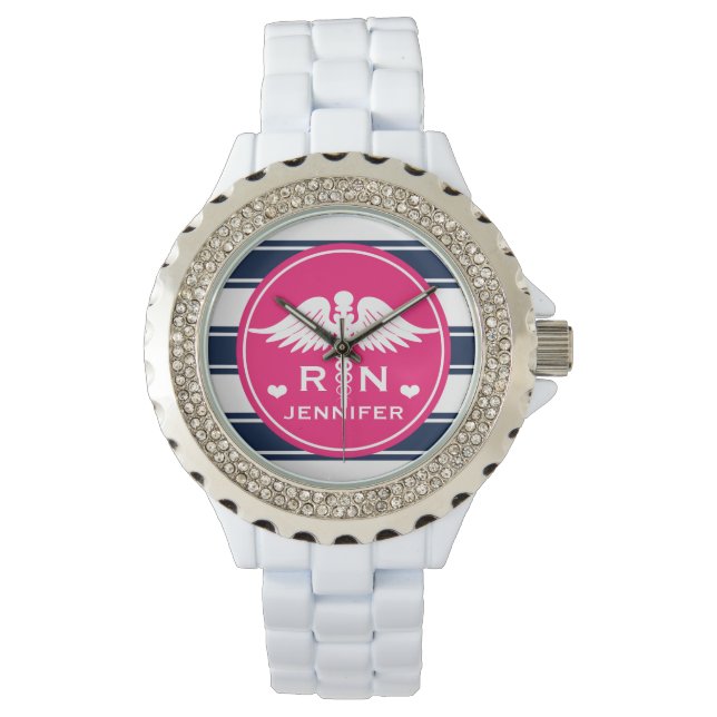 Fuchsia und Navy Stripe Caduceus RN Nurse Armbanduhr (Vorderseite)