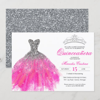 Fuchsia und Silver Glitzer Glam Gown Quinceñera Einladung