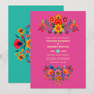 Fuchsia- und Türkisfarbene Folk Art Fiesta-Hochzei Einladung