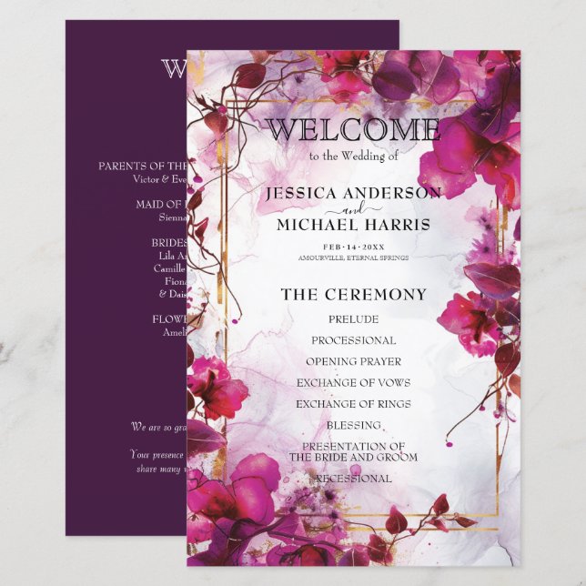 Fuchsia-Verzauberung: Hochzeitsprogramm für Wasser (Vorne/Hinten)