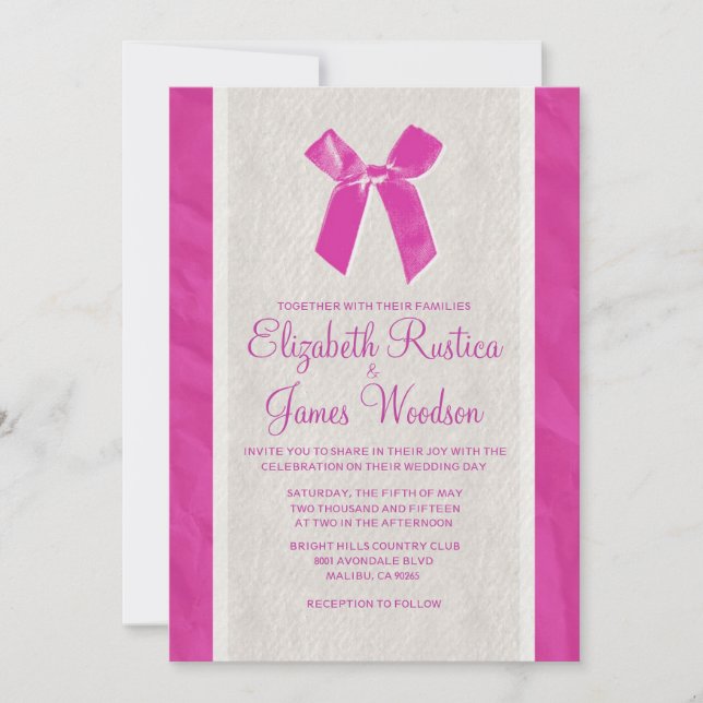 Fuchsia Vintag Bow & Linen Wedding Einladungen (Vorderseite)