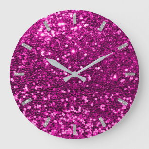Fuchsia Vivid Bright Pink Rose Glitzer Silver Gray Große Wanduhr
