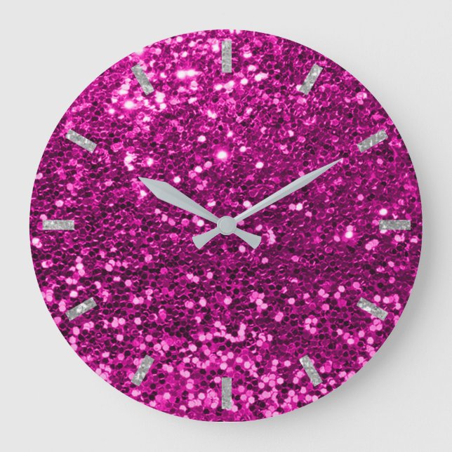 Fuchsia Vivid Bright Pink Rose Glitzer Silver Gray Große Wanduhr (Vorderseite)