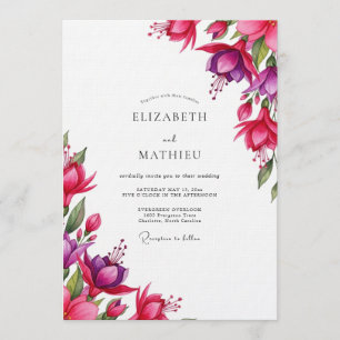 Fuchsia-Wasserfarben-Blütenhochzeit Einladung