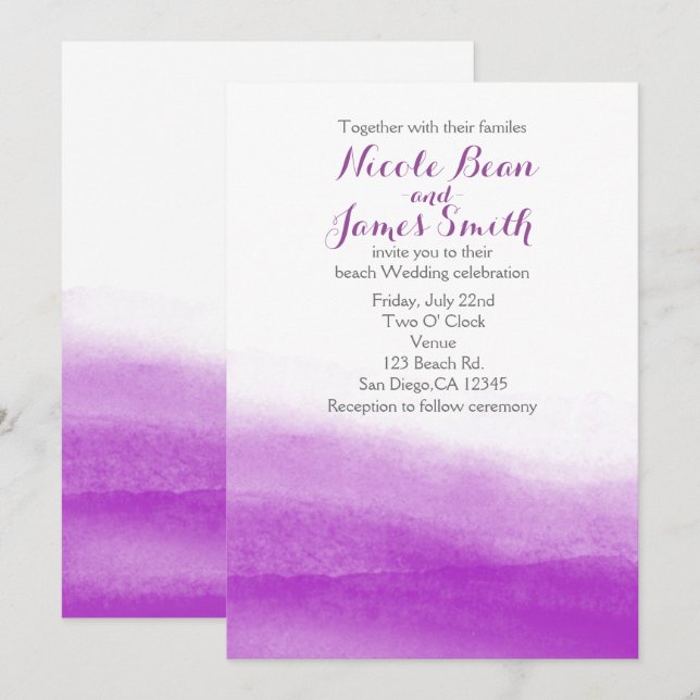 Fuchsia Watercolor Moderne Hochzeit Einladung (Vorne/Hinten)