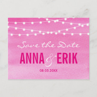 Fuchsia Watercolor String Lights Save the Date Ankündigungspostkarte