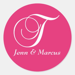 Fuchsia Weiße Monogramm T Namen Hochzeitsaufkleber Runder Aufkleber